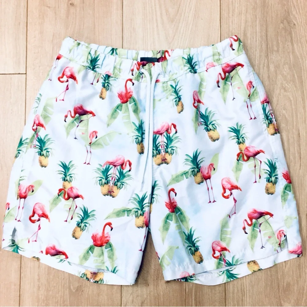 ASOS Men's White Print Swim Trunks shorts palm trees pineapples beachy small